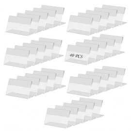 40Pcs Mini Sign Display Holder，Acrylic Sign Holder, L Shape Sign Holders Price Name Card Price Card Tag Label Counter Top Stans