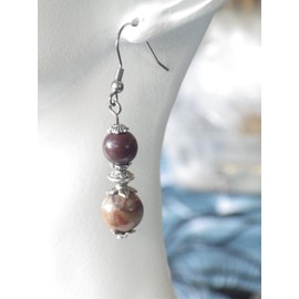 Stainless steel necklace and earrings set with Picasso jasper bead pendant and Tibetan beads