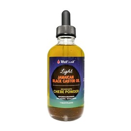 Well's - Aceite de ricino negro jamaicano infundido con polvo Chebe (ligero) 4 onzas líquidas | 100% natural | Mejora la densidad del cabello | Nutre