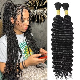 Human Braiding Hair Deep Wave Bulk Human Hair for Braiding 100g 2Bundles/Pack No Weft Curly Braiding Hair Bulk Curly Human Hair for Boho Braids (Natural Black, 20 Inch)