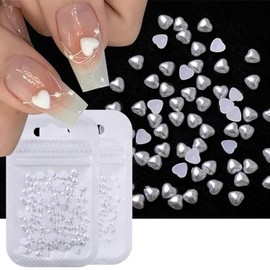 400 Pcs Pearl Heart Nail Charms, 3D Mixed Size Cute Love Hearts Rhinestones Flat Resin Crystal Diamonds Nail Art Supplies Nail Decoration Accessories for Acrylic Nails Crafts DIY