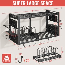 Freexployer 31 Inch Pot Rack Wall Mounted, 2-Tier Pot and Pan Organizer with 20 Hooks & Pan Organizer and Spice Rack, Heavy Duty Hanging Pot Hanger for Kitchen Cookware, Utensils, Black
