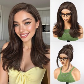 HAIRCUBE Long Wavy Wigs for Women with Partial Bangs, Heat Resistant Fibre Synthetic Lace Front Wig Brown Color