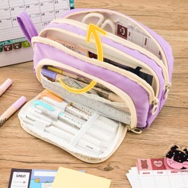 COLOCASTLE Pencil Case with 3 Compartments Pencil Case Large Capacity Pencil Case Girls Boys Teenagers Adults Pencil Case with Carry Handle for School Office, purple, School bag