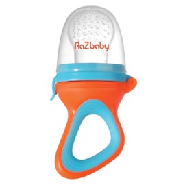RaZbaby - Comedero de frutas para bebé, chupete de alimentos, juguete para la dentición del bebé 6 M+, añade fruta congelada favorita del bebé o comida fresca para aliviar la dentición, bolsa de silicona/pezón sin BPA, naranja/azul