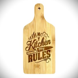 My Kitchen My Rules Kitchen Board 26.5 x 12 x 1 cm Oiled Bamboo Wood Cheese Fruit Bread Chopping Board Ideal for Pizza Pieces Robust and Durable Wall Decoration