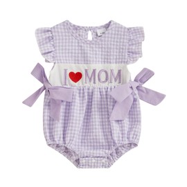 Newborn Baby Girl Outfit I Love DAD/MOM Flying Sleeve Plaid Smocked Bubble Romper Infant Bodysuit Cute Summer Clothes (Purple, 12-18 Months)