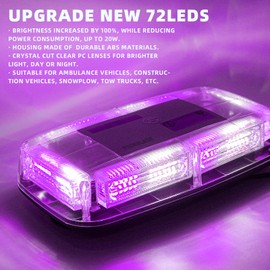 PKINGLAKE 72LED Roof Top Emergency Strobe Beacon Lights, 12-24V High Visibility Safety Warning Mini LED Strobe Light bar with Magnetic Base for Snow Plow, Funeral Escort, Truck, Vehicle (Purple/White)