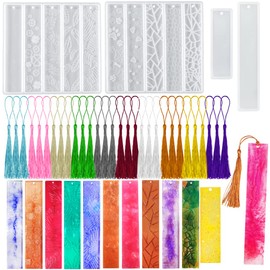 SENHAI - 6 moldes de resina para marcapáginas con textura de hojas rectangulares en forma de flores para resina epoxi (12 estilos) con 30 borlas coloridas, manualidades 3D