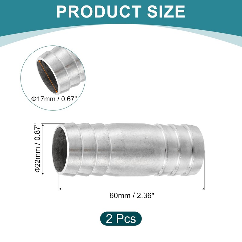 sourcing map 2Pcs 22x60mm Hose Barb Equal Pipe Fitting, 304