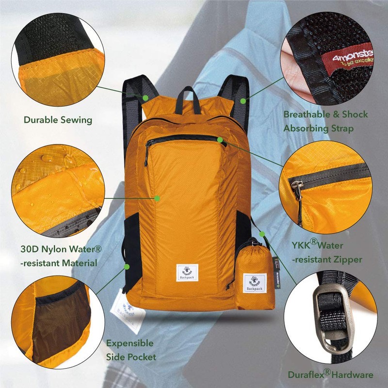 4Monster Water Resistant Foldable Backpack, Packable Hiking Daypack, Ultralight Travel