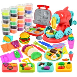 GOVOY 2 in 1 Play Color Dough 51pcs Kitchen Creation with 24pcs of Color Dough, Noodle Hamburger Making Machine Modelling Clay Tools and Cutters Playset Play Food Toys for Kids