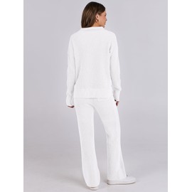 ANRABESS Womens Two Piece Outfits Sweater Sets Waffle Knit Pullover Wide Leg Pants Tracksuit Sweatsuits Matching Lounge Set Small