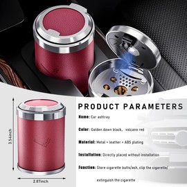 Ohleats Car Ashtray with Lid, Leather Portable Detachable Ashtray with LED Blue Light, Mini Stainless Steel Smokeless Car Trash Can, Universal Interior Accessories for Most Cars (Red)