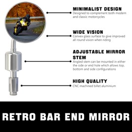 Vintage Adjustable Motorcycle Bar End Mirror,Rear View Side Mirrors CNC Convex Glass Suitable for 22mm Handlebars (Chrome)