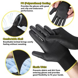 BYS GLOVE Ultra-Thin PU Coated Work Gloves 10 Pairs Safety Gloves Seamless Knit Nylon Liner for Construction Warehouse Light Duty Work