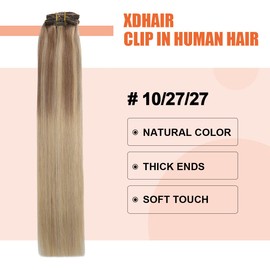 XDhair Clip-In Real Hair Extensions, 55 cm, 120 g, 6 Pieces, Light Brown with Golden Blonde, Invisible Clip Extensions, Remy Real Hair Extensions (#10/16/16-22 inches)