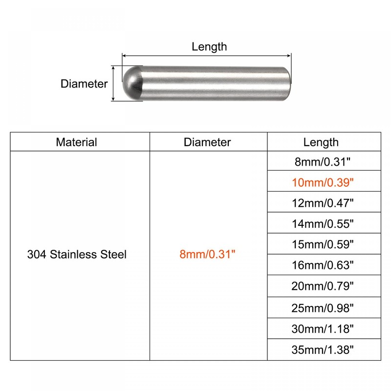 sourcing map 8 x 10 mm Dowel Pins 304 Stainless