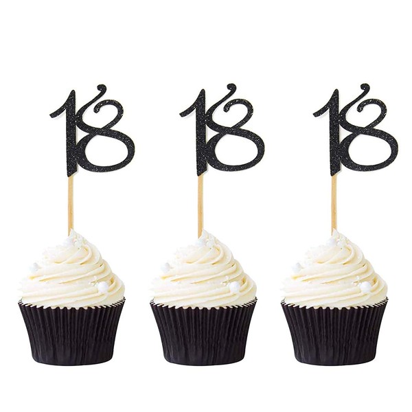 24 PCS 18th Cupcake Toppers - Anniversary or Birthday Cupcake Picks Party Decoration | Black 18th