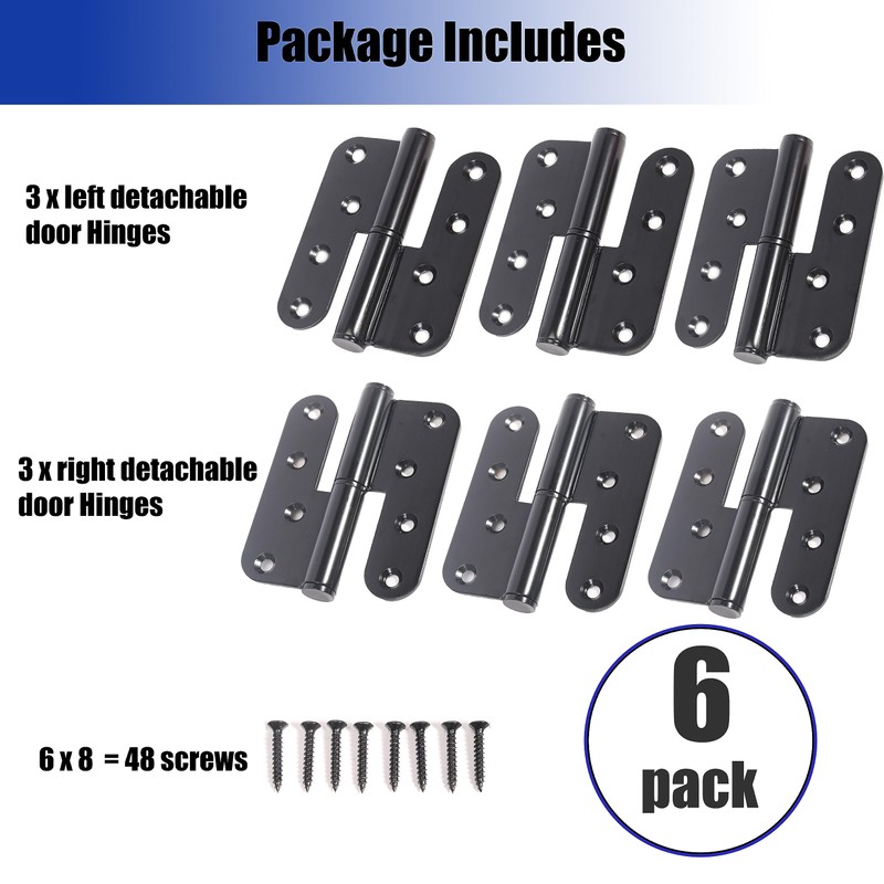 6-Pack Black Heavy Duty Lift Off Hinge, 4" X 3.5