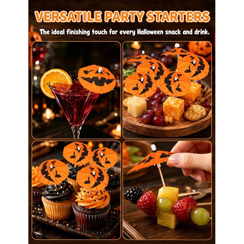 120Pack Halloween Pumpkin Drink Cocktail Umbrellas Picks