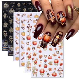 6 Sheets Fall Nail Art Stickers Autumn Maple Leaf Pumpkin Nail Sticker Silver Pumpkin Leaves with Rhinestones Designs Nail Decals Thanksgiving Day Holiday DIY Manicure Decoration Sticker for Women