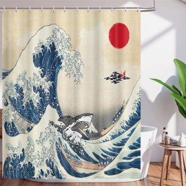 Chloroplastid Great Wave Shower Curtain Japanese Ocean Cool Shark Red Sun Crane Asian Anime Shower Curtains 72 x 72 Inch Hokusai Aesthetic Mens Bathroom Decor Curtains Waterproof Fabric