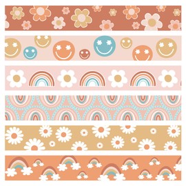 69Ft Groovy Bulletin Board Border Decorations Boho Straight Border Strips Retro Hippie Bulletin Board Stickers with Smile Daisy and Rainbow Border for Nursery Elementary Middle School Classroom Decor