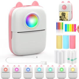 HuiJuKeJi Inkless Sticker Printer RGB Light Mini Thermal Printer,10 Rolls Thermal Paper,Color Pen for iOS&Android,Bluetooth Pocket Printer Portable Receipt Printer for Photo Journal Notes Memo-White