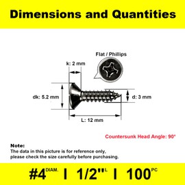 KELUBATU M3 Flat Head Wood Screws, Black Carbon Steel Phillips Self-Tapping Screws for Furniture, Woodworking-M3 x 12 mm 100 Pcs