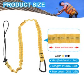 MECCANIXITY Retractable Tool Lanyard 3.6ft with Single Aluminum Buckle and Adjustable Loop End, Maximum Weight Limit 10KG / 22lb, Safety Fall Protection Tools Leash, Yellow/Black/Blue 3 Pack