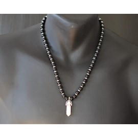 ElisaJewelryArt - Pointed Pink Quartz Pendant Natural Black Onyx Beaded Necklace Genuine Gemstone Harmony Stone Clasp Closure Necklace Unisex Necklace (30.00, Rose Quartz)