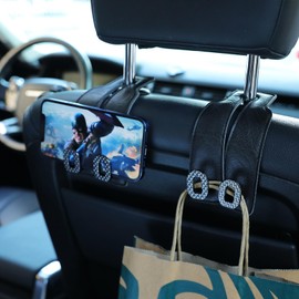 Car Headrest Hooks 2 Pack - Universal Premium Leather and Zinc Alloy - Alloy Car Seat Back Storage Hook for Purses Handbags Cloth Drink - Durable Car Accessories for Women Men (BH09-Black-Black)