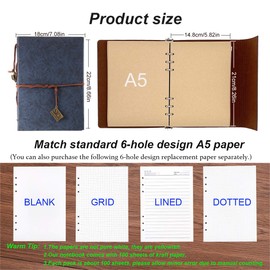THXMADAM Vintage Notebook A5 Blue Leather Cover Writing Notebook Loose Leaf Travel Journal Diary Refillable Sketchbook with 200 Kraft Pages/100 Sheets and 1 PVC Zipper Pocket Gift for Man Boy Student