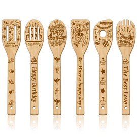 GLOBLELAND 6Pcs Birthday Gift Wooden Spoons Utensil Set Bamboo Carving Kitchen Cooking Utensils Wooden Engraved Cooking Spatula Set for Kitchen Fun House Warming Gift