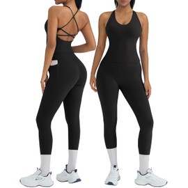 OMKAGI 2 Piece Workout Sets for Women Padded Workout Tops Booty Leggings with Pockets Gym Sets (M,445-Black)
