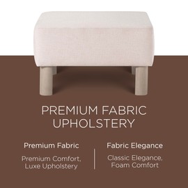 Maven Lane Lena Contemporary Large Square Upholstered Ottoman, Cushioned Footrest for Couch or Chair with Wooden Legs in Refined White Wood Finish