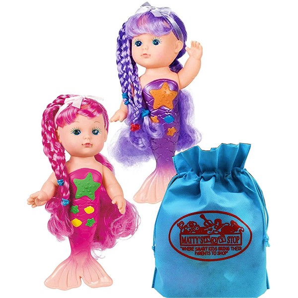 Toysmith Magical Mermaid Bathtime Dolls (9") Gift Set Bundle with Matty's Toy Stop Storage Bag - 2 Pack (Assorted Colors)