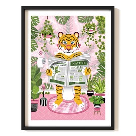 Parmaro Tiger on Toilet Print, Tiger Reading Newspaper Bathroom Print, A4 UNFRAMED Print, Animal on Toilet Print, Pink Botanical Print Tropical Bathroom Decor
