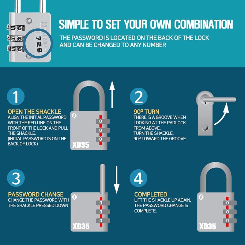 [ZARKER XD35] Small and Heavy Duty 3-Digit Combination Padlock Different