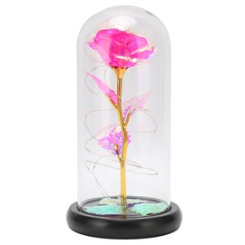 Rose in Glass Dome with Lights LED Artificial Rose Flower Gifts Light Up Rose in Glass Dome for Women Mom Grandma Wife Pink