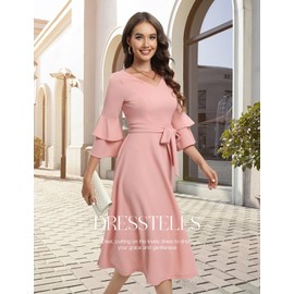 DRESSTELLS Women Cocktail Dress, 2025 Homecoming Fall Ruffle Long Sleeve Vintage Semi Formal 1950s Wedding Guest Dress Blush L