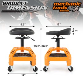 M-AUTO Padded Seat Mechanic Stool with Wheels, 18”-23” Height Adjustable Swivel Mechanics Seat with Tool Organizer Tray for Garage and Garden, 300lbs Capacity