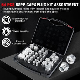 PIKWO 64 Pcs BSPP Plug Kit Hose Tube and Pipe Set Hydraulic Plug Kit Galvanized 45# Steel with Precision Threading Dash Sizes-02-04 -06-08 -10-12 -16