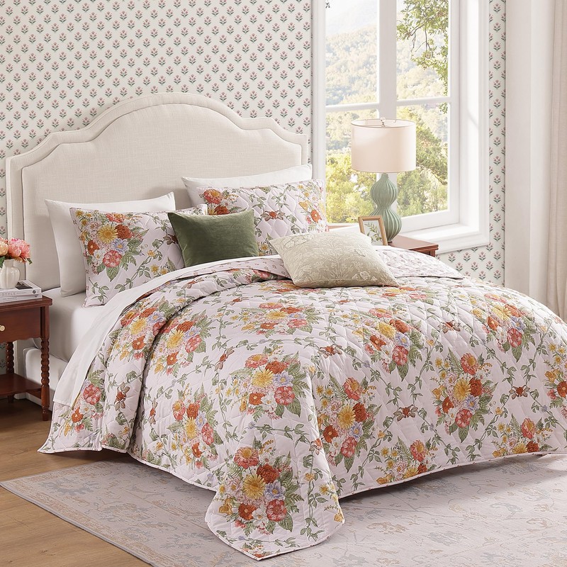 Floral Quilt Set Queen Size, Farmhouse Bedspread Bedding Set with