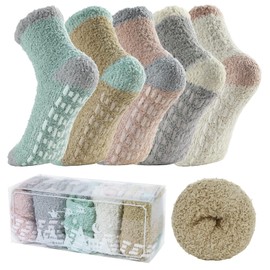 Century Star Womens Fuzzy Socks with Grips Hospital Non Slip Slipper Socks Cozy Christmas Gift Warm Fluffy Gripper Socks, 5 Pairs Morandi Color, One Size