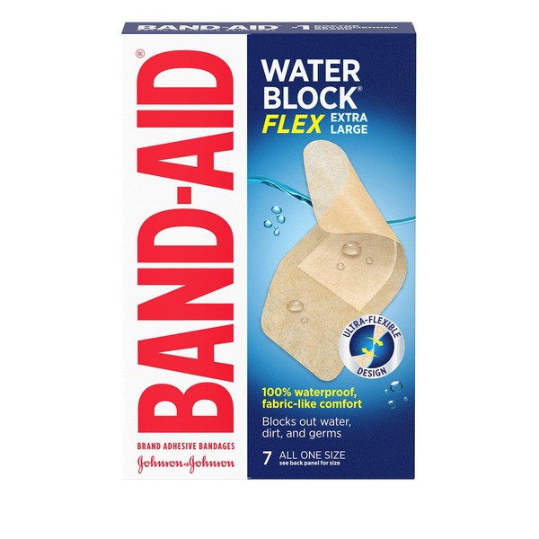 Band-Aid Brand Water Block Flex 100% Waterproof Adhesive Bandages for First-Aid Wound Care of Minor Cuts, Scrapes & Wounds, Ultra-Flexible Design, Sterile, Extra Large, 7 ct
