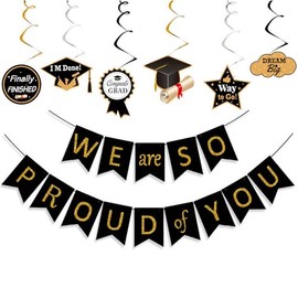 Graduation Decorations Congratulations Banner 2025 - We Are So Proud of You Party Supplies- Gold, Silver & Black banner, Spiral Streamers Bunting Decoration for High School/College Party Decor