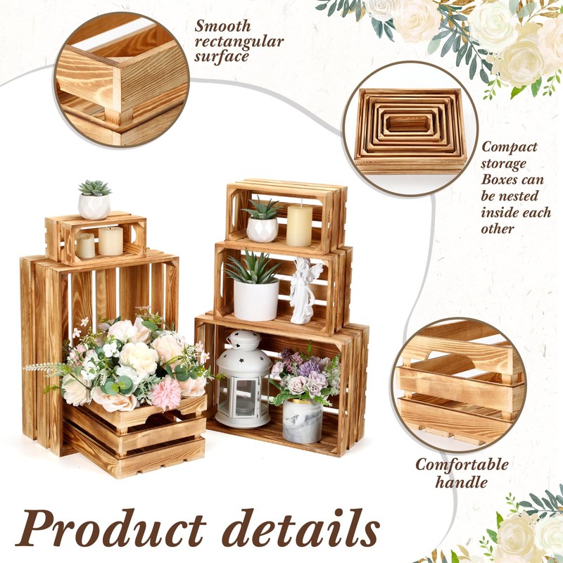 CroBlissful 6 Pcs Decorative Wood Crates for Storage Display Rustic