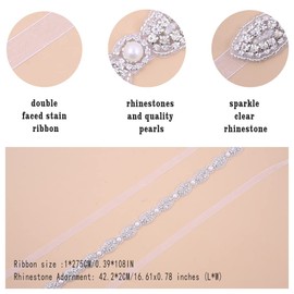 Jovbridsea Crystal Bridal Sash Belt Wedding Dress Belts with Rhinestones and Pearls for Bride Bridesmaid (Silver,Organza white)